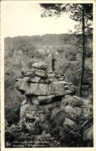 Ak Echternach Luxemburg, Felsen mit Aussichtspunkt, Natur, Person auf dem Felsen, Bäume