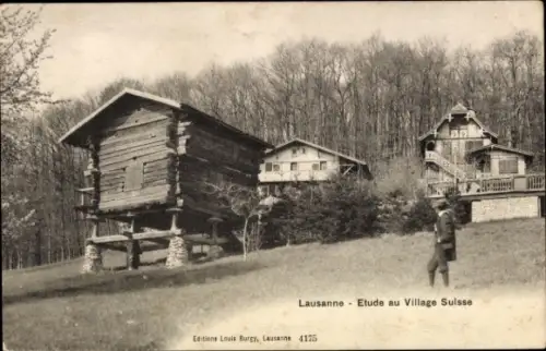 Ak Lausanne Kanton Waadt, Holzhäuser, Schweizer Dorf, Mensch in n Kleidern