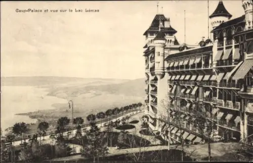 Ak Caux Montreux Kanton Waadt, Caux-Palace, Blick auf den Genfersee, Architektur, Bäume, Promenad