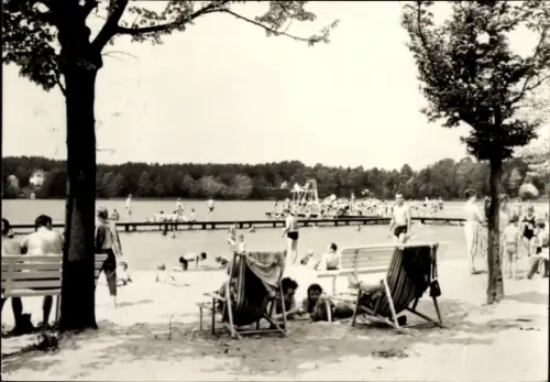 Ak Biesenthal in der Mark, Strandbad Wukensee, Badegäste, Liegestühle, Bäume, Steg