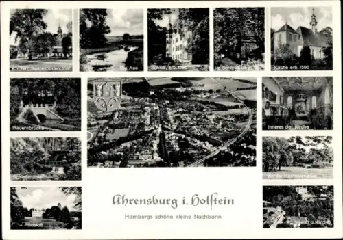 Ak Ahrensburg in Holstein,  Kirche, Bauernbrücke, Die Aue, Kastanienallee