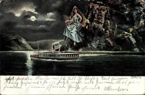 Mondschein Ak St. Goarshausen am Rhein, Loreley, Salondampfer in Fahrt bei Nacht