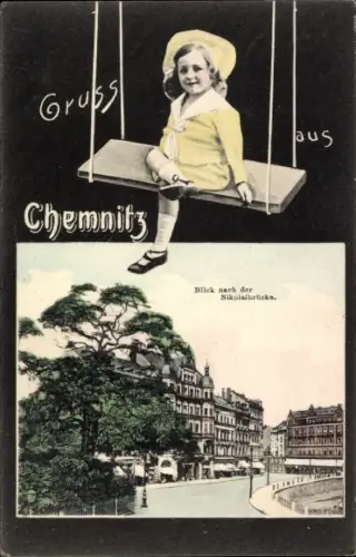 Passepartout Ak Chemnitz Sachsen, Nikolaibrücke, Kind auf einer Schaukel
