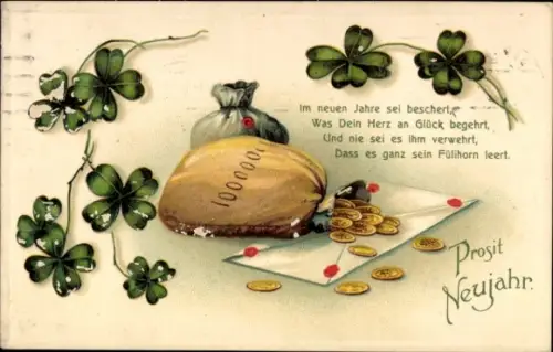 Ak Glückwunsch Neujahr, Geldsack, Münzen, Glücksklee