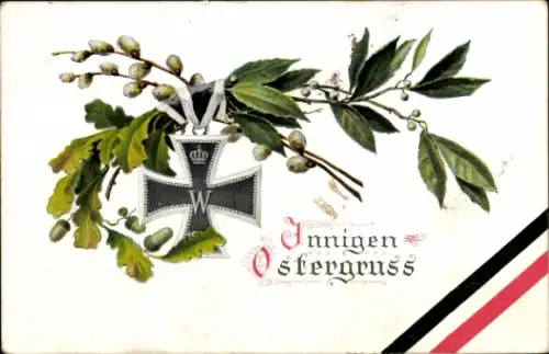 Ak Glückwunsch Ostern, Weidenkätzchen mit EK