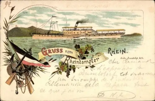 Litho Rheindampfer Hohenzoller, Weinreben, Fahne