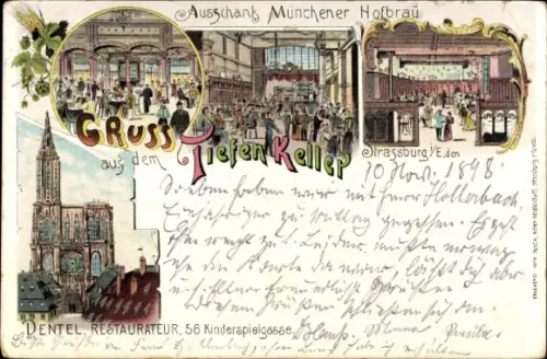 Litho Straßburg Elsass Bas Rhin, Ausschank Münchener Hofbräu, Kirche