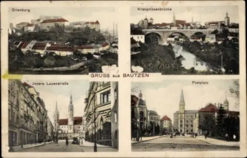Ak Bautzen in der Oberlausitz, Ortenburg, Kronprinzenbrücke, Innere Lauenstraße, Postplatz