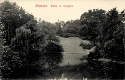 Ak Chemnitz in Sachsen, Stadtpark, Teich, Bäume, Gebäude im Hintergrund, idyllische Landschaft