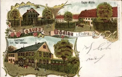 Litho Gödlau Rauschwitz Elstra Oberlausitz, Forsthaus, Hager-Mühle, Gasthof Paul Lehmann