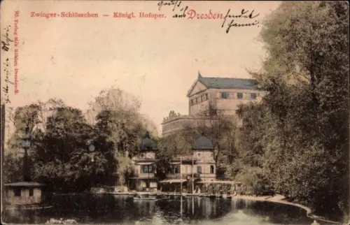 Ak Dresden Altstadt, Zwinger-Schlösschen, Königliche Hofoper, Natur, Wasser