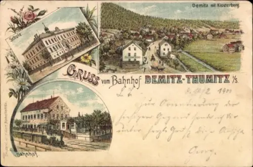 Litho Demitz Thumitz in Sachsen, Klosterberg, Bahnhof, Schule
