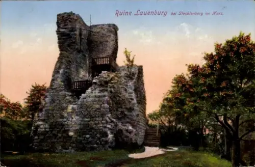 Ak Stecklenberg Thale im Harz, Ruine Lauenburg,  Ruine, Landschaft, Abenddämmerung