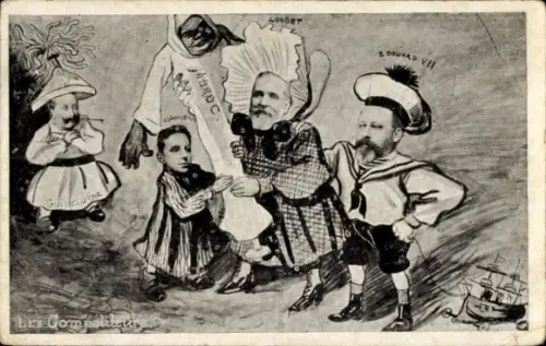 Künstler Ak Kaiser Wilhelm II, Eduard VII, Alfons XIII, Emile Loubet, Marokko, Karikatur