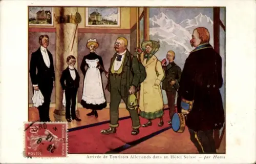 Künstler Ak Hansi, Arrivée de touristes Allemands dans un Hotel Suisse