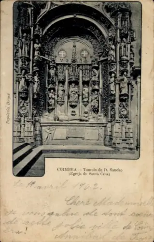 Ak Coimbra Portugal, Tumulus von D. Sancho, Eglise de Santa Cruz, verzierte Architektur