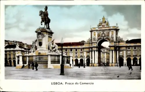 Ak Lisboa Lissabon Portugal, Statue, Praça do Comércio,  Architektur, Stadtplatz, Himmel