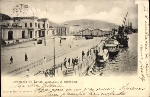 Ak Santos Brasilien, Hafen von  Schiffe, Menschen, Brasilien