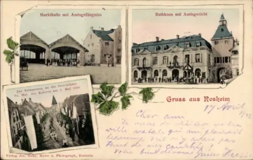Ak Rosheim Elsass Bas Rhin, Marktplatz, Amtsgefängnis, Rathaus, Amtsgericht, Kaiserbesuch 1899