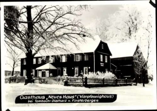 Ak Tambach Dietharz in Thüringen, Gasthaus Neues Haus (Vierpfennighaus), Winteransicht
