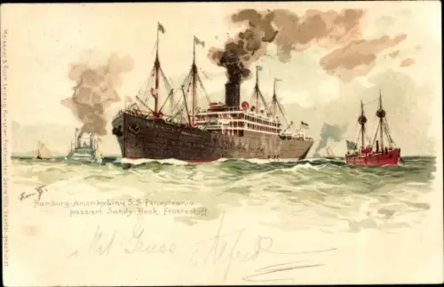 Künstler Litho Bohrdt, Hans, SS Pensylvania passiert Sandy Hook Feuerschiff, HAPAG