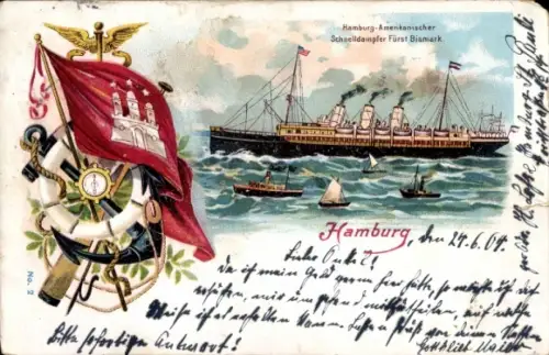 Wappen Litho Dampfschiff Fürst Bismarck, HAPAG, Fahne