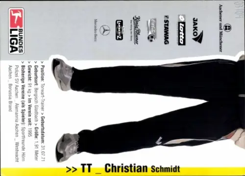 Autogrammkarte Torwart Trainer Christian Schmidt, Alemannia Aachen, Autogramm