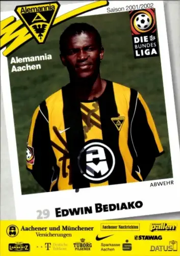 Autogrammkarte Fußballer Edwin Bediako, Alemannia Aachen, Autogramm