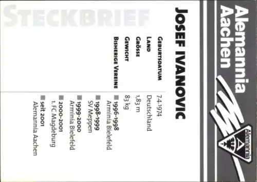 Autogrammkarte Fußballer Josef Ivanovic, Alemannia Aachen, Autogramm