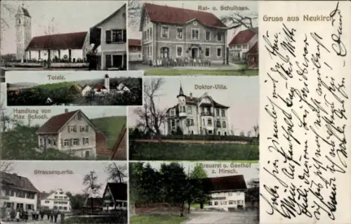 Ak Neukirch Bodenseekreis, Kirche, Rathaus, Doktor-Villa, Geschäft Max Schoch, Gasthof z. Hirsch