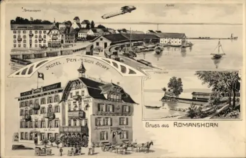 Litho Romanshorn Kanton Thurgau, Hafen, Zeppelin, Hotel Pension Schiff, Inselchen