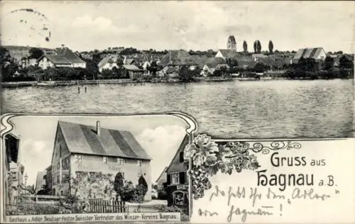 Ak Hagnau am Bodensee, Gesamtansicht, Gasthaus zum Adler, Inh. Anton Heinzler, Winzer-Verein