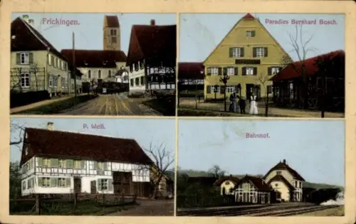 Ak Frickingen im Bodenseekreis Baden, Paradies Bernhard Bosch, Bahnhof Gleisseite, P. Weiß, Kirche