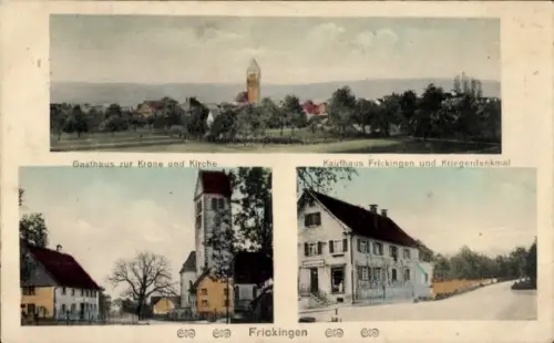 Ak Frickingen im Bodenseekreis Baden, Panorama, Gasthaus zur Krone, Kirche, Kaufhaus, Kriegerdenkmal