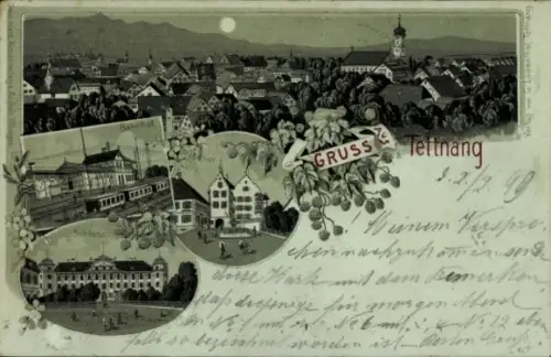Mondschein Litho Tettnang in Württemberg, Bahnhof, Schloss, Tor, Gesamtansicht