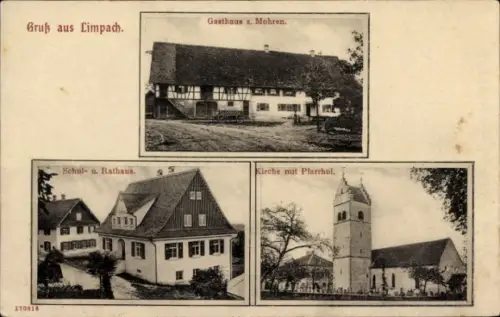 Ak Limpach Deggenhausertal Bodenseekreis, Gasthaus zum Mohren, Schulhaus, Rathaus, Kirche, Pfarrhof