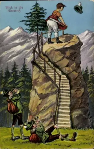 Ak Blick in die Hinterriß, Männer bewundern eine Frau, Bergspitze, Fernglas