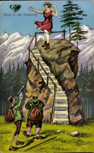 Ak Männer bewundern eine Frau, Bergspitze, Fernglas, Hut