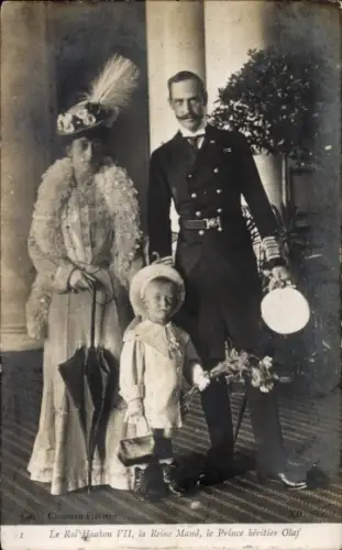 Ak König Haakon VII. von Norwegen, Königin Maud, Prinz Olaf, Portrait