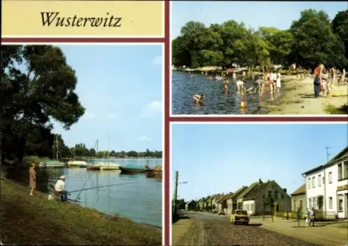 Ak Großwusterwitz Wusterwitz in Brandenburg, Angler am See, Badestrand, Sommer, Straßenansicht