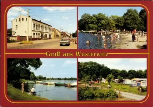 Ak Großwusterwitz Wusterwitz in Brandenburg,  vier Ansichten, Badende, Fischer, See, Gebäude, Nat