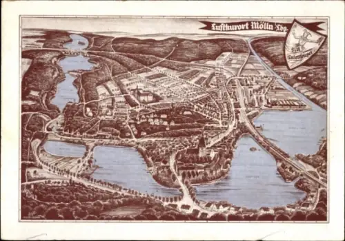 Ak Mölln im Herzogtum Lauenburg, Luftbild von  Flüsse und Gebäude, Landschaftszeichnung