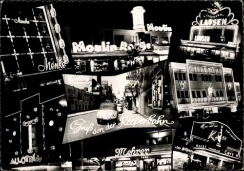 Ak Hamburg Mitte St. Pauli, Reeperbahn bei Nacht, Nachtclub Moulin Rouge, Lausen, Allotria, Mehrer