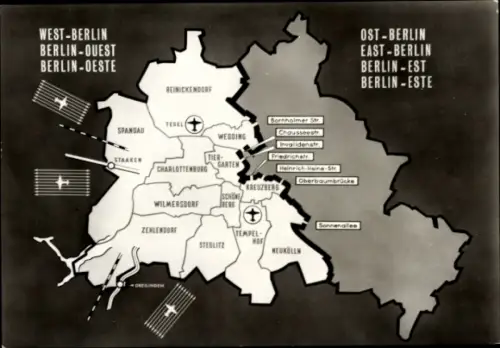 Stadtplan Ak Berlin, Übersichtskarte mit Trennmauer, Übergangsstellen, Innerdeutsche Grenze