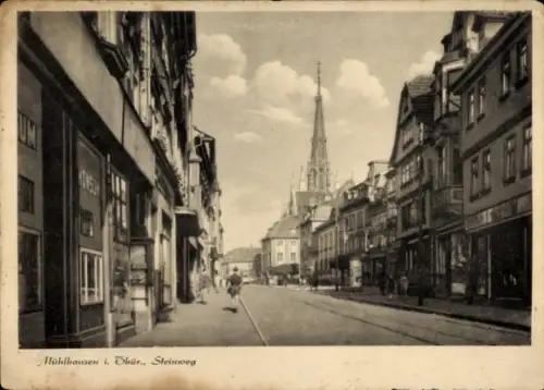 Ak Mühlhausen in Thüringen, Steinweg, Kirche, Litfaßsäule, Geschäfte