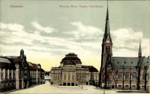 Ak Chemnitz in Sachsen,  Museum, Neues Theater, Petri-Kirche, Stadtansicht