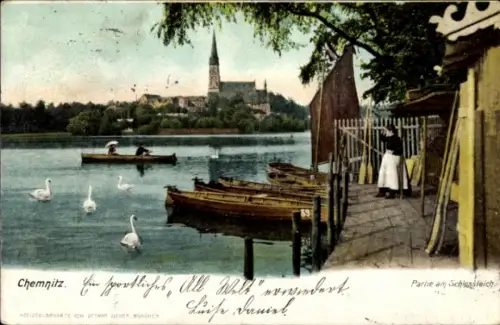 Ak Chemnitz in Sachsen, Schwäne, Boote, Kirche, Aussicht auf den Fluss