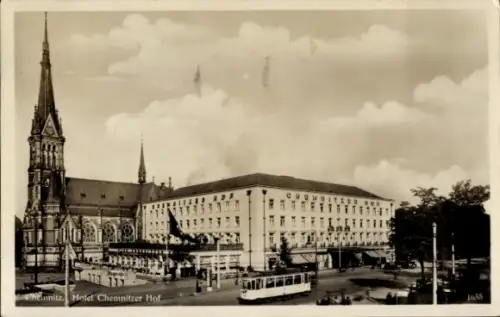 Ak Chemnitz in Sachsen, Hotel Chemnitzer Hof, Kirche, Straßenbahn, alte Architektur
