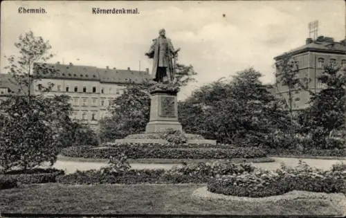 Ak Chemnitz in Sachsen, Körnerdenkmal, Statue, Parkanlage, Blumenbeete