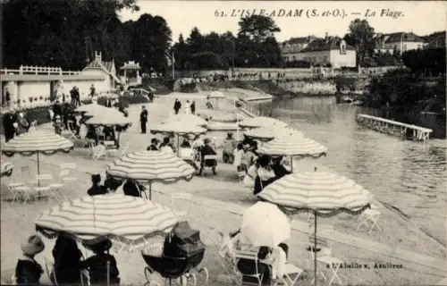 Ak L'Isle Adam Val d’Oise, La plage, Parasol